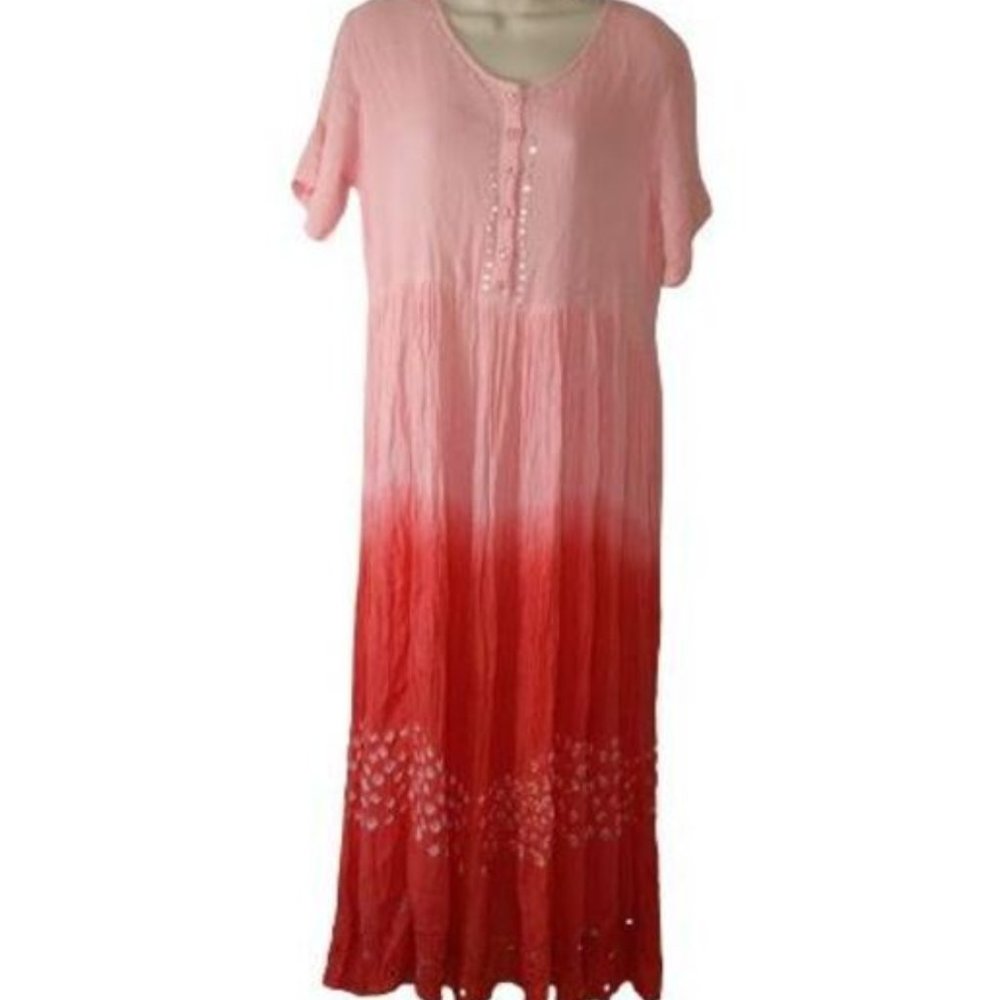 Vintage Jessica Taylor Pink Ombre Floral Beaded Gauze Boho Maxi Dress